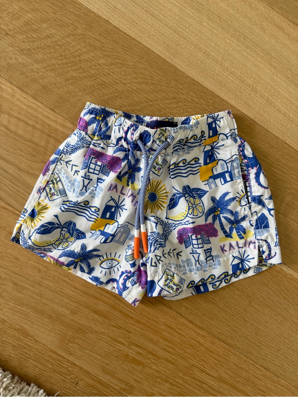 Kids White Tropical Print Swim Trunks